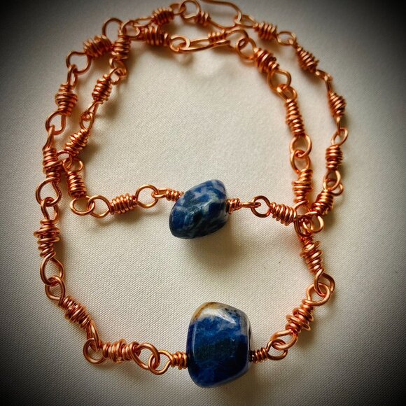 Copper chain links Lapis Lasuli Set of Two Bracelets, relationship gift - Picture 2 of 16